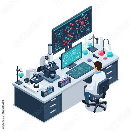 Scientist working at laboratory desk with various equipment and computer monitors.