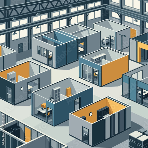 Modern office cubicles in an industrial building with large windows and open space.