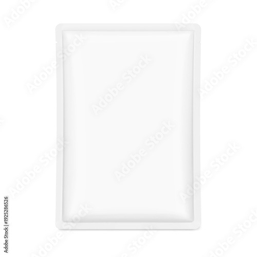 Four side seal sachet bag with tear notch mockup. Front view. Vector illustration isolated on white background. Can be use for template your design, presentation, promo, ad. EPS10.