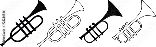 Trumpet Icon Set – Musical Instrument Solid and Outline Vector Collection
