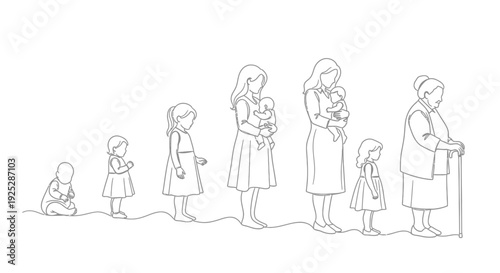 Line Drawing of Women and Children Standing.
