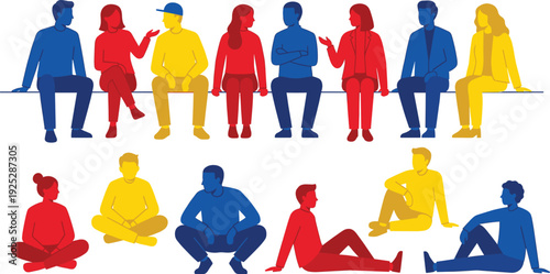 Diverse group of people sitting and talking together in colorful flat vector style, community connection and social interaction silhouette
