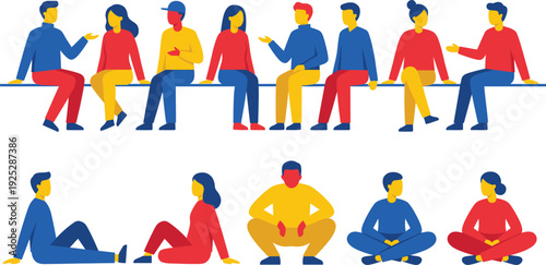 Flat vector illustration of diverse people sitting on a bench and floor, communicating, relaxing, and interacting in primary colors