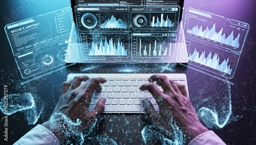 Programmer typing on keyboard with holographic data displaying financial charts and information for futuristic data analysis and cyber security