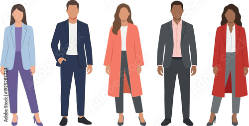 Diverse business professionals standing together in modern smart casual office attire, flat vector illustration on white background, corporate team