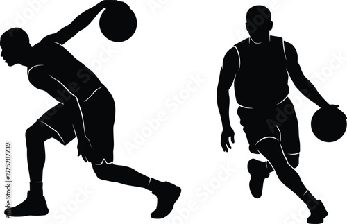 Silhouette of basketball player dribbling and practicing sports action, athlete training for competition, professional basketball movement isolated vector illustration