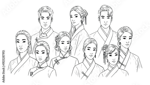 Diverse group of people wearing traditional hanbok, showcasing cultural heritage and unity, standing together in a harmonious illustration style.