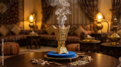 Ramadan Eid Mubarak: Luxurious Gold Incense Burner, Oud, Arabic Ambiance