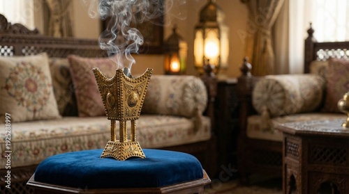Luxurious Ramadan Eid Scene: Golden Incense & Blue Velvet Podium
