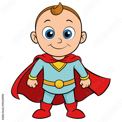 Adorable baby superhero with red cape and blue costume