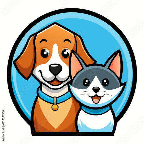 Friendly dog and cat duo smiling together in blue circle