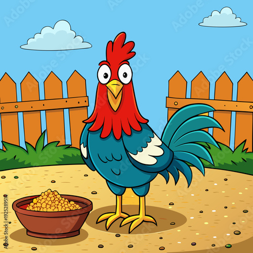 Colorful cartoon rooster standing next to bowl of feed in yard