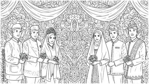 Traditional wedding illustration featuring couples in elegant attire standing together with bouquets against intricate floral background with draped curtains.