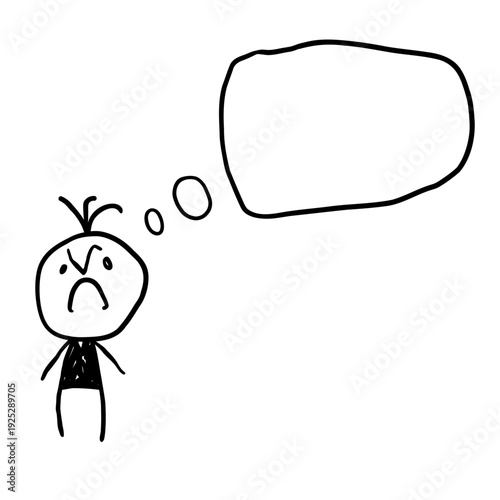 Sad stick figure kid with empty thought bubble, hand drawn doodle illustration