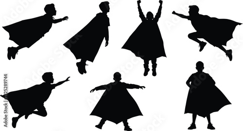 Black vector silhouette set of seven young boys wearing superhero capes flying jumping and posing for childhood imagination power play and costume branding
