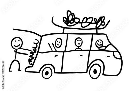 PrintStick figure family in camper van with roof rack, hand drawn doodle illustration
Simple black and white hand drawn doodle of a stick figure family traveling in a camper van with ope