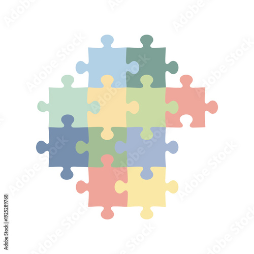 Interconnected puzzle pieces forming a cohesive unit, symbolizing collaboration and teamwork in a vibrant, multicolored illustration from a straightforward viewpoint.