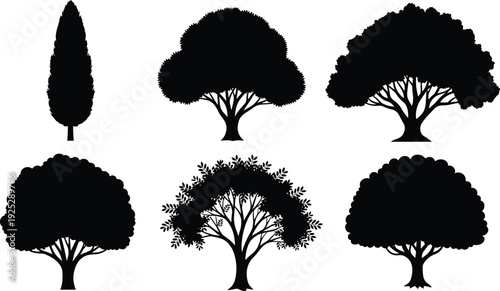 Black vector silhouette set of six diverse deciduous and evergreen trees including cypress and oak for landscape gardening nature branding and environmental conservation advertising