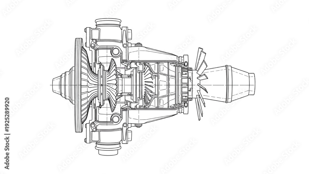 Obraz premium Aircraft Gas Turbine Engine 2D Section Drawing – Detailed Jet Engine Cutaway Illustration
