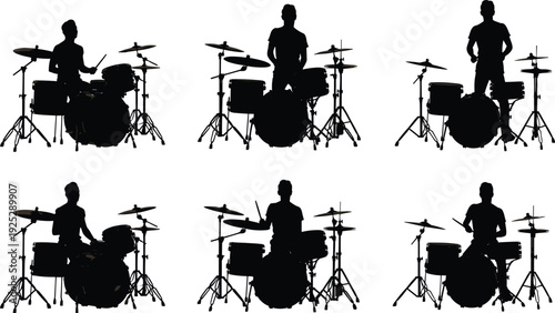 Black vector silhouette set of six drummers playing full drum kits from various angles including front side and back views for musical concert posters