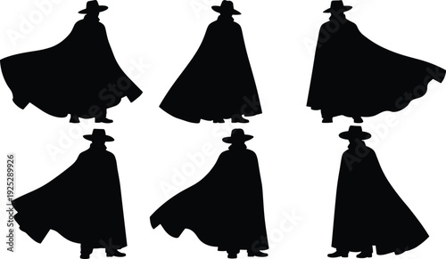 Black vector silhouette set of six mysterious men wearing long flowing cloaks and wide brimmed hats for fantasy character design mystery branding and theater advertising