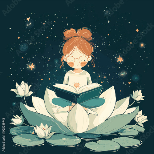 Whimsical Dreamer Reading on a Lotus , vector style simple color