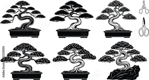 Black vector silhouette set of six traditional Japanese bonsai trees in pots with gardening shears for zen meditation botanical branding and oriental landscape design