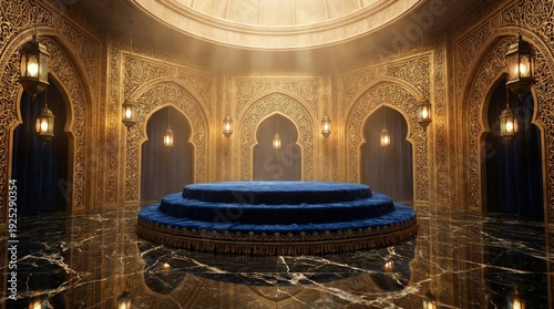 Elegant Ramadan Eid Podium with Blue Velvet and Gold Arabic Decor