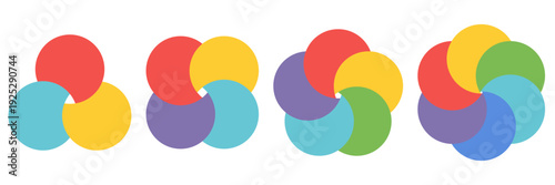 Vector venn diagram collection with three four five and six circle layouts in one graphic for marketing infographic flow and geometric data overlap presentations.