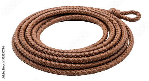 Rolled leather lasso on white background for western design  