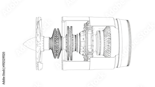 Jet Turbine Engine 2D Cutaway Technical Drawing – Aircraft Gas Turbine Section Illustration