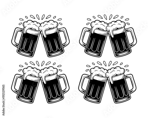 Four clinking glasses of beer with foam in a celebratory toast on white background