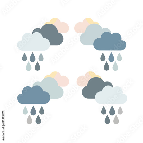Four illustrations of rain clouds with raindrops falling from them in a grid pattern