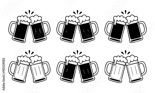 Six beer mugs in pairs with foam cheering and clinking together in a celebratory toast