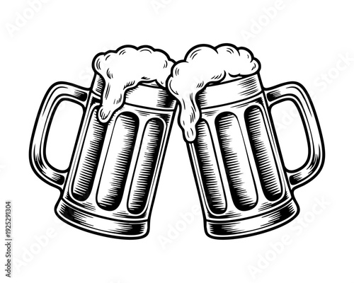 Two frosted beer mugs with handles clinking together in a toast