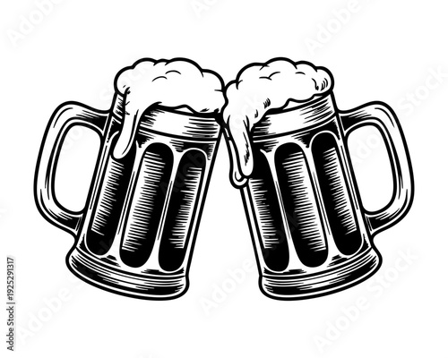 Two frosted beer mugs with handles clinking together in a toast