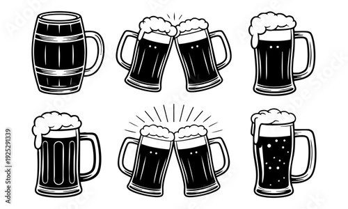 Six beer mugs and a barrel with frothy drinks in a celebratory arrangement on a plain white background