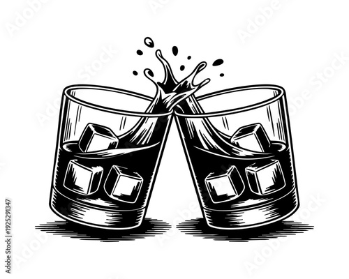 Two glasses of whiskey clinking together with liquid splashing