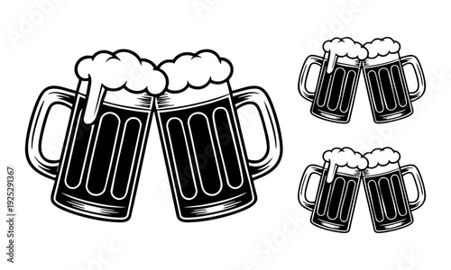 Four clinking beer mugs with foamy heads in black and white illustration for toast or celebration concept
