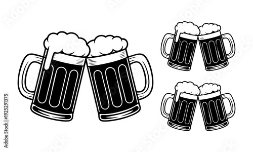 Four clinking beer mugs with foamy heads in black and white illustration for toast or celebration concept