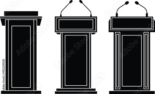 Black vector silhouette set of three professional wooden podiums and lecterns with microphones for public speaking press conferences government speeches and university graduation events