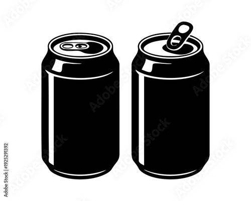 Two black soda cans one open and one closed on white background