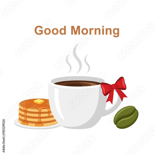 Good Morning Coffee Cup, Pancakes, and Coffee Bean with Red Bow