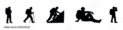 Silhouettes of various hikers and adventurers enjoying outdoor activities like walking, climbing, resting, and photographing, ideal for sports promotion and travel marketing materials.