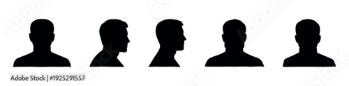 Generic human head and bust silhouettes in various angles including profile, front, and rear views, ideal for user avatars, identity representation, and graphic design projects.