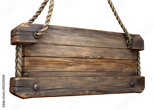 Blank Distressed Wooden Sign Hanging from Ropes Rustic Decor Isolated on Transparent Background
