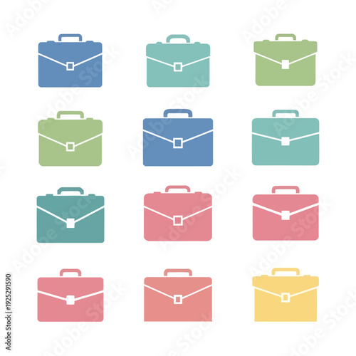 A collection of diverse, colorful briefcase icons representing business, work, and professional organization