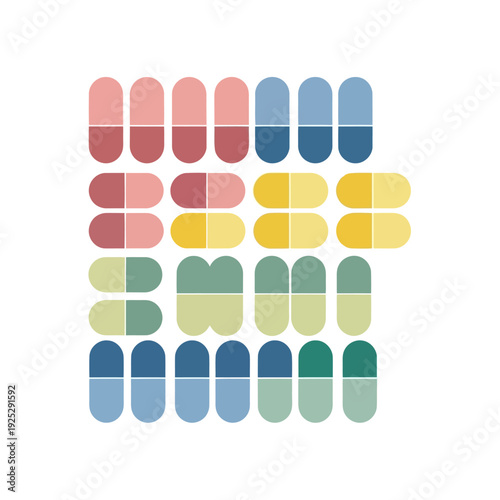 Colorful pills arranged in a grid pattern on a clean surface, showcasing various hues and shades in a visually appealing composition