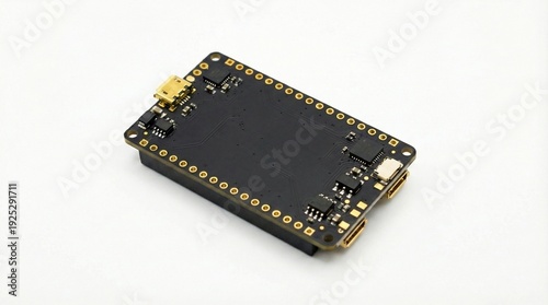 Small black microcontroller development board with gold edge pins and tiny components on white background, ideal for electronics prototyping, maker projects and STEM learning