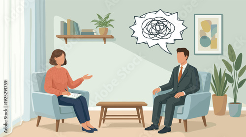 Mental health professional counselor listening to patient man with messy tangled thoughts in speech bubble during therapy session, vector